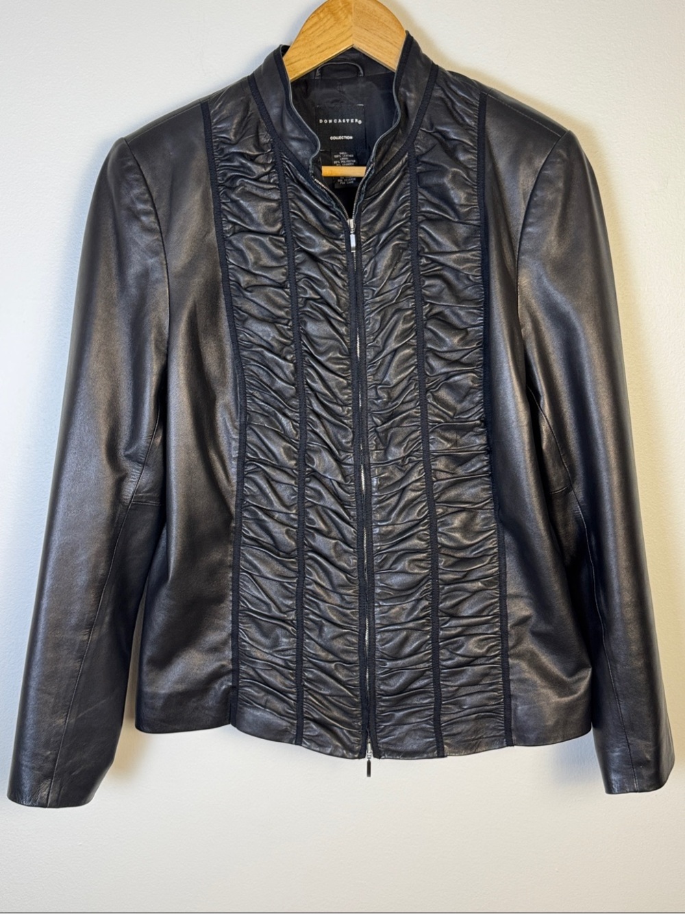 Doncaster Collection Black Ruched Front Full Zip Leather Jacket